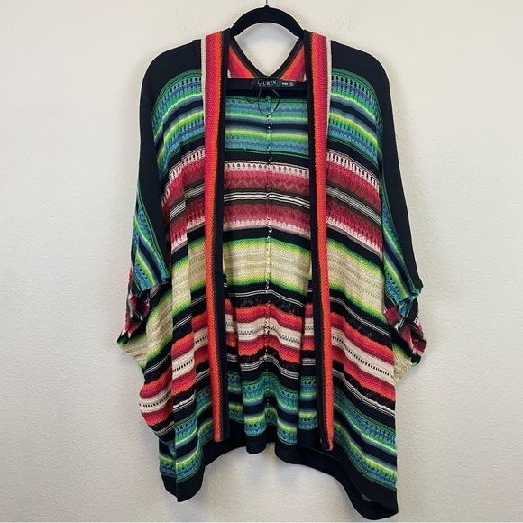 Lauren Ralph Lauren Tribal-Aztec Linen Blend Crochet Open Cardigan Shawl OS - Picture 2 of 10